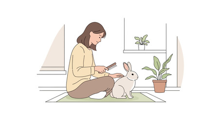 Fototapeta premium Woman grooming a white rabbit with a brush on a rug, indoor scene