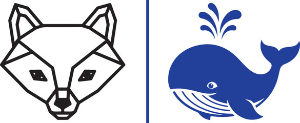 Geometric fox head line art and blue whale illustration vector set. Ideal for logo design, branding, and creative animal-themed projects © Muhammad