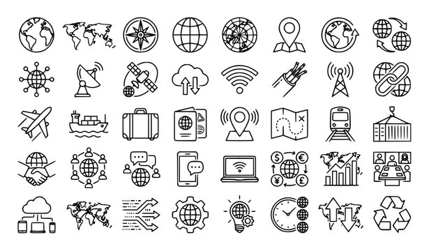 Globe line 40 icon set with world map travel business and editable stroke vector collection