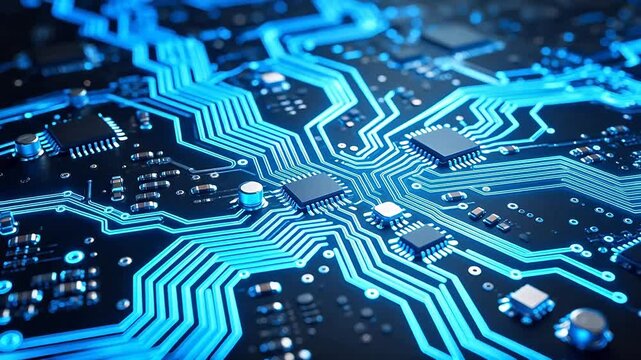 Circuit board with glowing blue lines