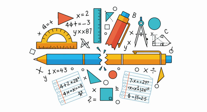 Cartoon illustration of mathematical tools and equations scattered