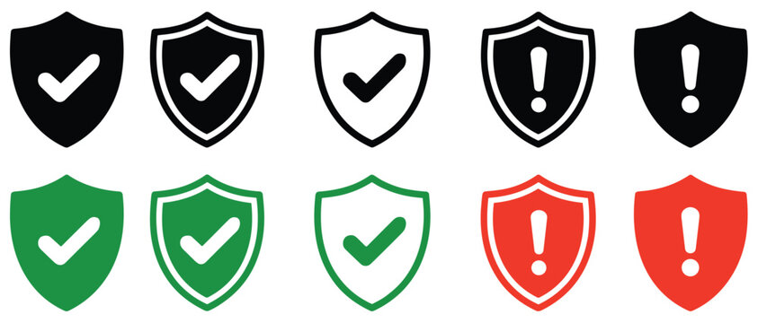 Shields of Security and Alert: A collection of security shields representing various states of protection and warnings.  security concept, protection symbol, safety icon, danger alert.
