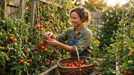 Fototapeta premium woman gardener harvesting fresh red tomatoes in lush garden isolated on transparent background