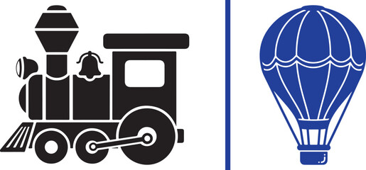 Vector icons of a vintage steam locomotive and a hot air balloon. Representing historical transportation, travel modes, and adventure © Muhammad