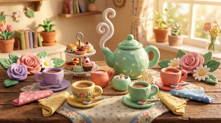Fototapeta premium Charming Teapot Afternoon Tea Setup