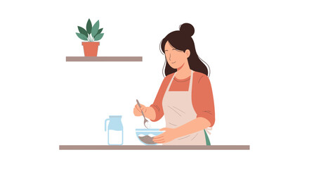 Fototapeta premium Woman in apron mixing ingredients in bowl, cooking at home kitchen, healthy food preparation