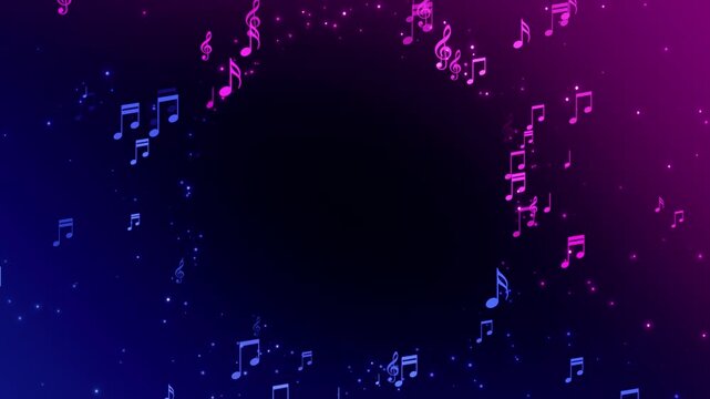 music note and shiny glittering blue pink stars circle frame animation, musical concert and party social media and story motion background