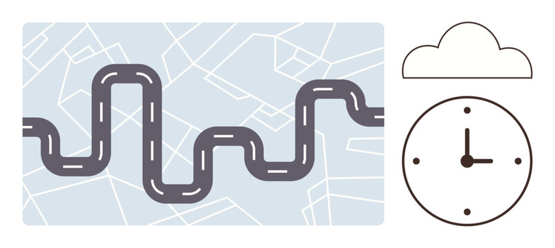 Travel planning, navigation, time management, transportation, mapping services, digital tools. Winding road over map, clock and cloud illustration. Navigation and travel planning concept