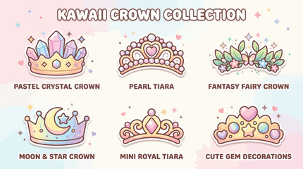 A delightful collection of six kawaii-style crowns and tiaras, each with a unique pastel-colored design and charming embellishments, perfect for adding a touch of magic and sweetness. © Terra