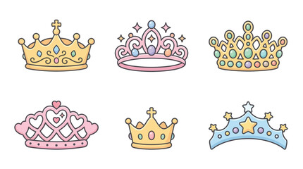 A collection of six charming and colorful cartoon crowns, including tiaras and regal headpieces, suitable for royalty or fantasy themes. © Terra