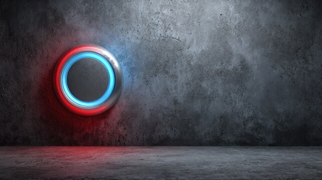 Metallic circular panel with glowing red and blue neon light fixture mounted on a rough concrete wall