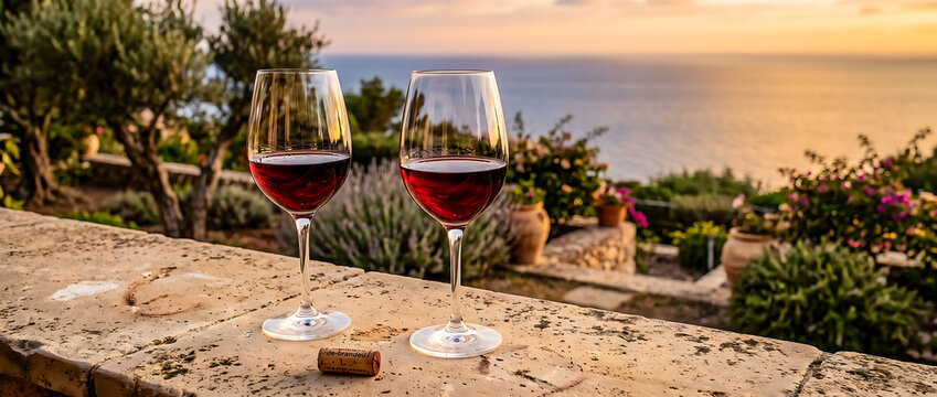 Two glasses of red wine on a stone wall with an ocean sunset view.