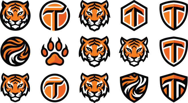 A collection of various geometric abstract animal logo designs featuring tiger faces and stylized elements in orange