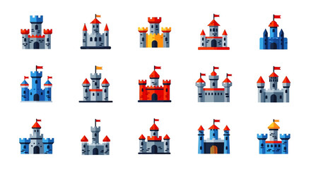 Set of cartoon castles various designs with flags and colorful structures © Alek