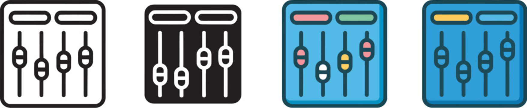 Audio mixer sliders sound console icon set featuring music studio equalizer controls and volume adjustment symbols, professional sound engineering interface elements, clean modern vector illustration 