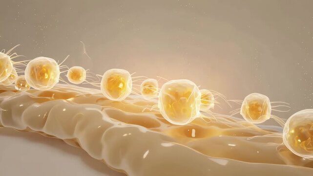 Fat cells macro view, detailed round structures,
gradual shrinking effect with subtle glowing energy release
