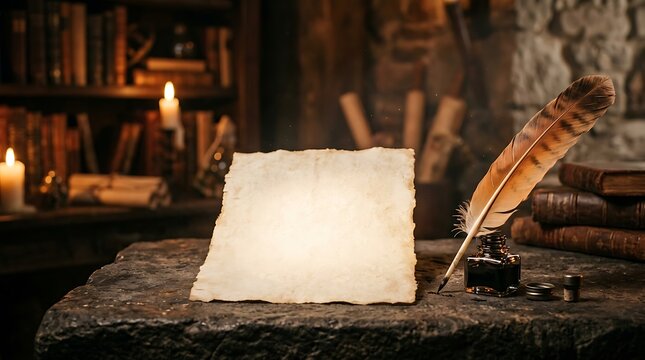 Parchment paper sits on an old stone table beside a vintage quill pen and inkwell in a dimly lit library.