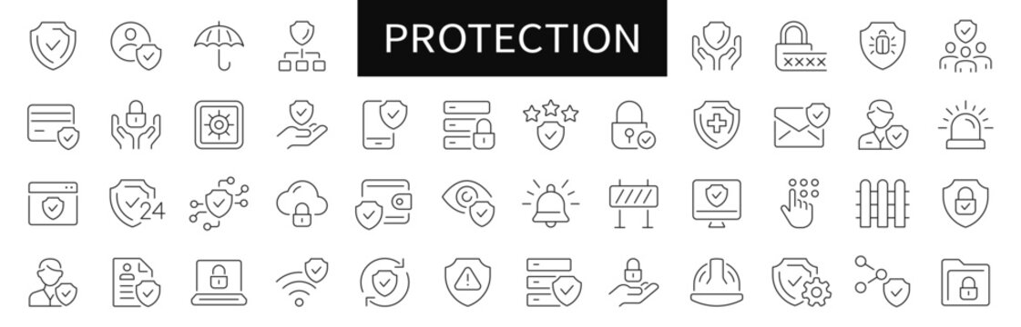 Protection thin line icons set. Editable stroke. Vector