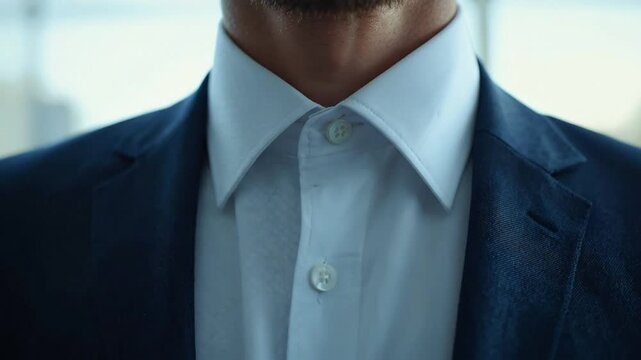 Close Up of Successful Businessman Adjusting White Shirt Collar and Suit