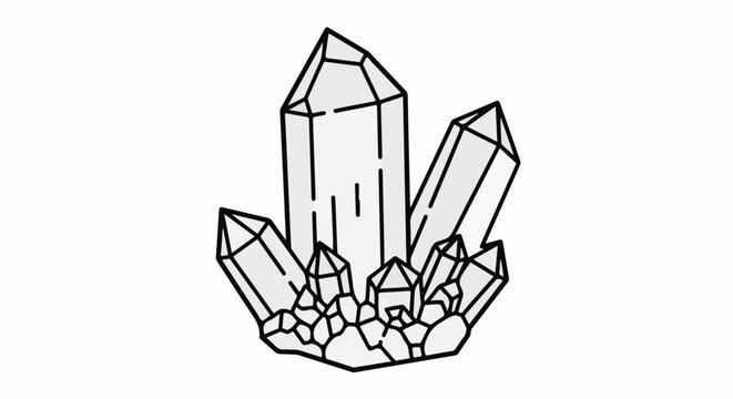 Cluster of faceted, geometric crystals rendered in a minimalist black and white outline style
