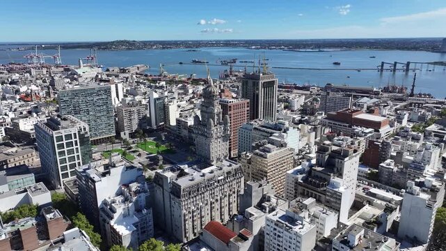 Montevideo Skyline In Montevideo Maldonado Uruguay. Drone Capturing The Beauty Square In The Center Of City. Business Sky Downtown Cityscape. Business Downtown Up Above. Montevideo Maldonado.