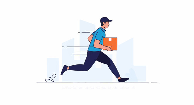 Cartoon delivery person in blue shirt and cap running with package