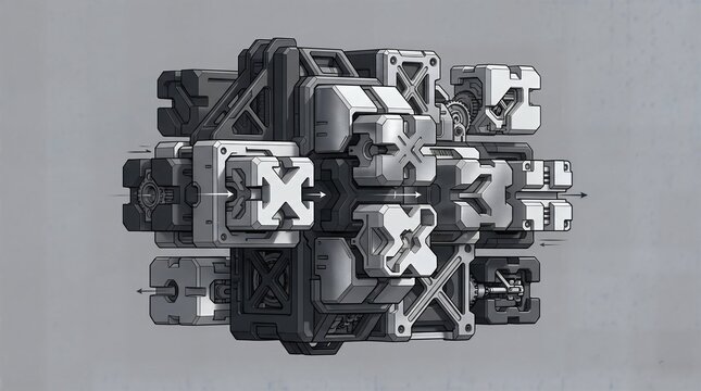 Geometric 3D render of interlocking puzzle modules sliding together representing multidirectional workflow integration and precise mechanical assembly