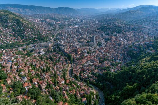 Aerial View of a Mountain City with Dense Urban Landscape