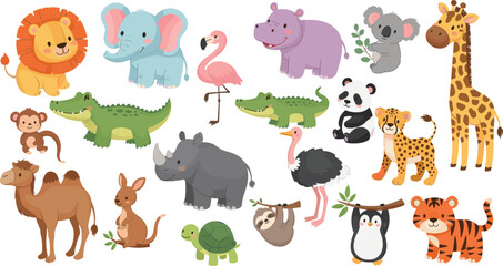 Obraz premium Vector Set of Cute Safari and Jungle Animals Including Lions, Elephants, Giraffes, and More for Wildlife and Nature Designs.