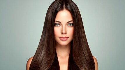 Naklejka premium Portrait of a young woman with long, glossy hair and captivating eyes against a soft background, showcasing beauty and elegance in contemporary style