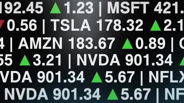 Cinematic stock market ticker displaying financial symbols and rising price indicators, ideal for investment, fintech and corporate business presentation background