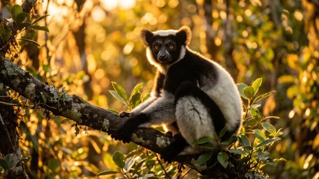 curious Indri on a branch tree