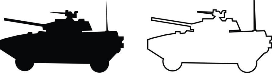 Military vehicle truck tank armored car set collection icons, transport carrier combat vehicle vector pack, army convoy transport silhouette and outline flat line black style isolated design elements © Asia