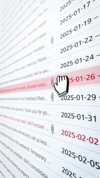 Vertical macro view of a crowded email inbox with highlighted messages and cursor interaction, designed for business communication, workflow and office productivity promos