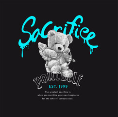 Naklejka premium sacrifice yourself slogan with black and white bear doll baby angel vector illustration - drawn by hand not generative AI 