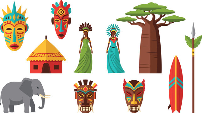 Vector Set of African Culture Icons Including Masks, Traditional Clothing, Elephants, and Tribal Art for Cultural and Heritage Designs.