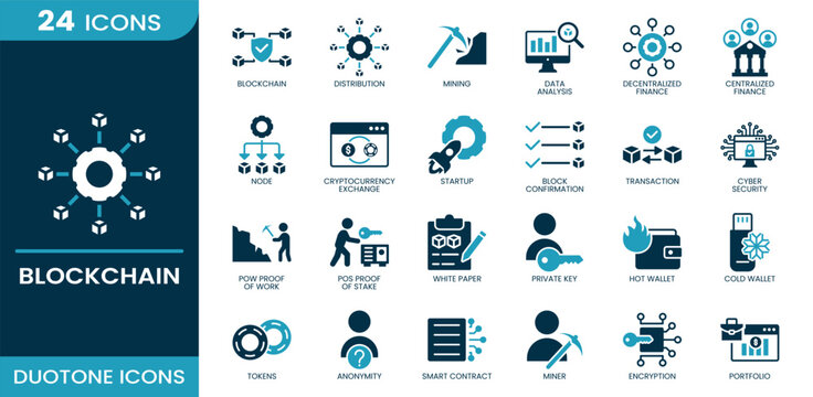 Blockchain icon set. blockchain, distribution, mining, data analysis, decentralized finance, transaction, node, crypto, smart contract, tokens, miner, wallet, encryption, portfolio. Duotone vector ico