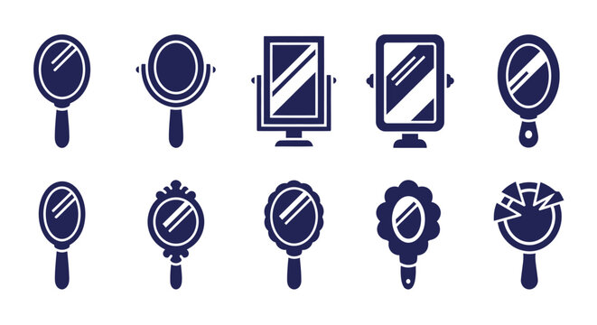 Collection of hand mirrors diverse shapes and frames on white background