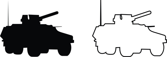 Military vehicle truck tank armored car set collection icons, transport carrier combat vehicle vector pack, army convoy transport silhouette and outline flat line black style isolated design elements © Asia