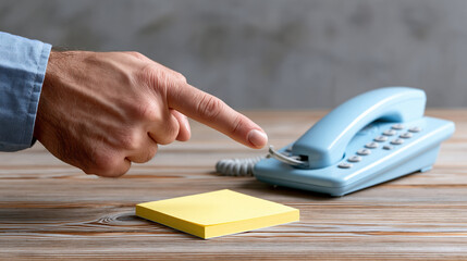 Fototapeta premium Focused agent hand press button on telephone near yellow blank sticky note during urgent call for customer service communication