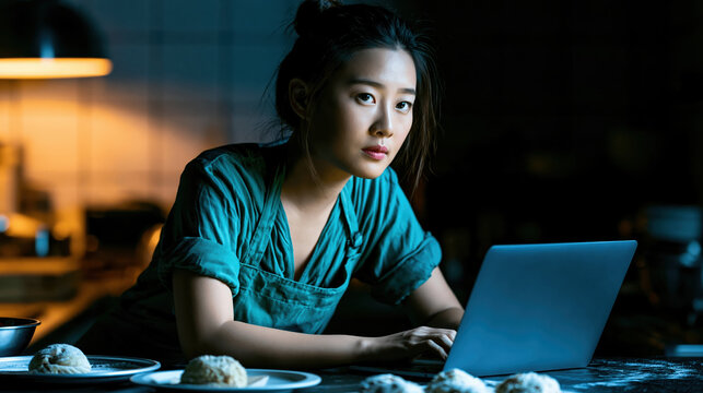 Focused asian woman baker working late night on laptop in dark kitchen managing bakery inventory looking serious and feeling completely exhausted