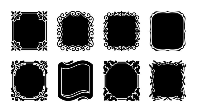 Ornate Vintage Decorative Frames, Elegant Victorian Borders, Classic Square Embellishments, Set of 8 Black Vector Elements