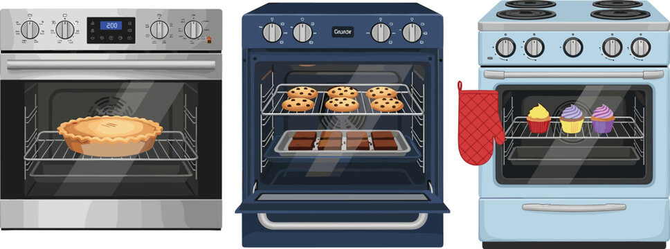 Vector Set of Kitchen Ovens with Baked Goods Including Pies, Cookies, and Cupcakes for Culinary and Cooking Designs.