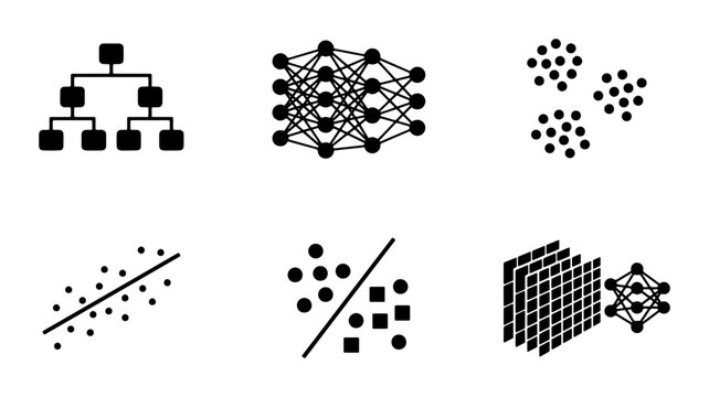 Machine Learning Icons Set: Data Science, AI Algorithms, Neural Networks, Clustering, Regression, Classification Visuals