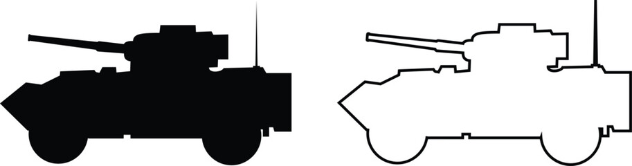 Military vehicle truck tank armored car set collection icons, transport carrier combat vehicle vector pack, army convoy transport silhouette and outline flat line black style isolated design elements © Asia