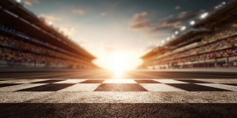 Obraz premium The Racetrack Finish Line at Sunset with Empty Grandstands and Dramatic Lighting