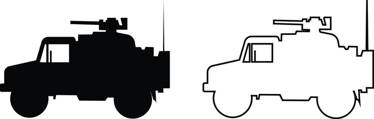 Military vehicle truck tank armored car set collection icons, transport carrier combat vehicle vector pack, army convoy transport silhouette and outline flat line black style isolated design elements © Asia