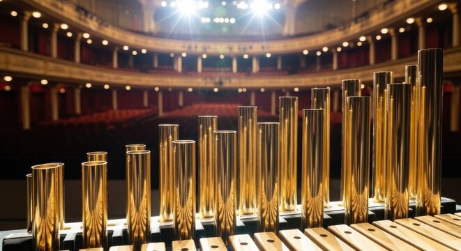 Gleaming Brass Tubular Bells Ready for a Grand Orchestra Performance in Opulent Auditorium