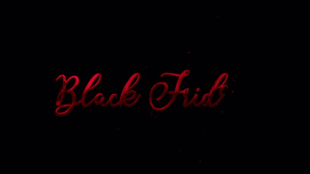 Black Friday sale text animation with red liquid splash effect. ProRes 4444 with alpha channel transparent background for easy overlay in promo videos.