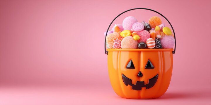 halloween candy in a lantern shaped bucket on a pastel pink background
